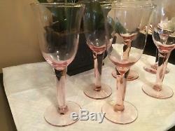 Wine Glasses 6 Pink Depression Glass Hand Blown Vintage Mint Condition Rare Find