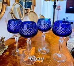 Wine Glasses Goblets Hock Cut-to-Clear Royal COBALT BLUE Set of 4