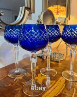 Wine Glasses Goblets Hock Cut-to-Clear Royal COBALT BLUE Set of 4