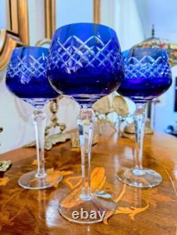 Wine Glasses Goblets Hock Cut-to-Clear Royal COBALT BLUE Set of 4