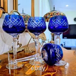 Wine Glasses Goblets Hock Cut-to-Clear Royal COBALT BLUE Set of 4