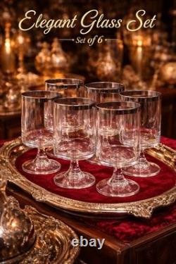 Wine Glasses Set 6 Silver Rims Rotundo Marquis By Waterford Crystal Vtg. Pedestal