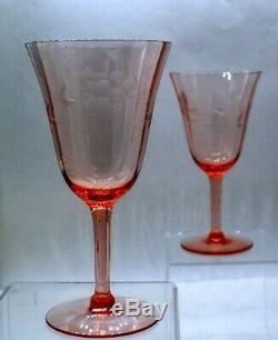Wine Glasses Vintage Depression Pink Glass Fine Quality Optic Ribs Cuttings Set