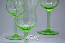 Wine Glasses Vintage Depression Vaseline Green Glass Set of 4 Optic Ribs Flare