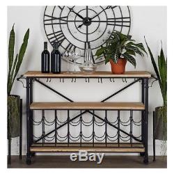 Wine Roll Table with Glass Rack Black Metal Wood Finish Rustic Industrial Vintage